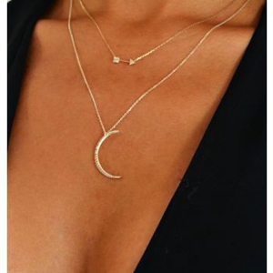 European Fashion Simple Women Double layer Arrow Diamond Moon Gold-plated Necklace Clavicle Chain