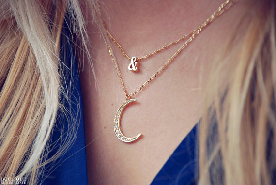 European Fashion Simple Women Double layer Diamond Moon Gold-plated Necklace Clavicle Chain