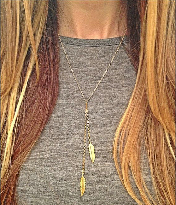 European Fashion Simple Women Golden Leaf Angel wings Tassel Gold-plated Necklace Clavicle Chain