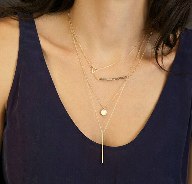 European Fashion Women Multi layers Triangle Bar Crystal Bead Gold-plated Necklace Clavicle Chain