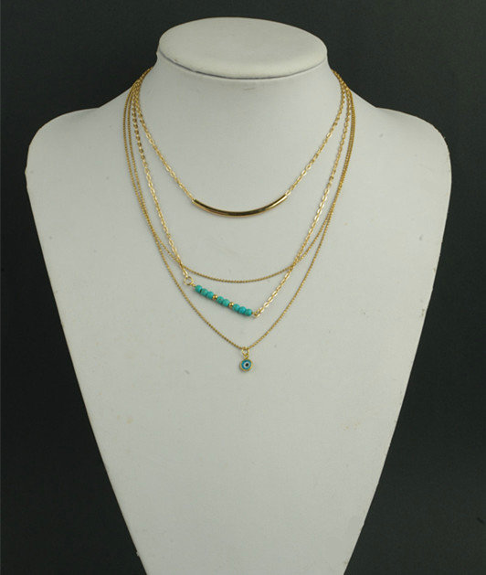 European Fashion Women Multi layers Turquoise Eyes Curved Pipe Gold-plated Necklace Clavicle Chain