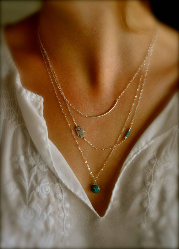European Fashion Women Three layer Hands of Fatima Blue Eye Beads Gold-plated Necklace Clavicle Chain