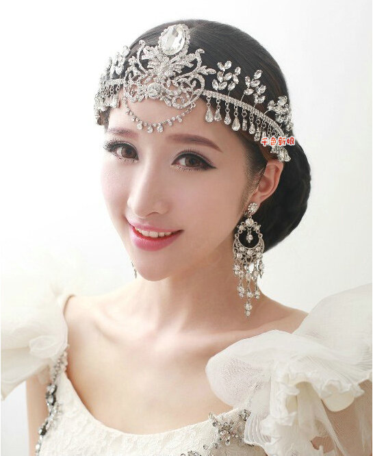 European Wedding Flower Rhinestone Crystal Tassel Water-drop Tiaras Bridal Large Crown Hair Accessories