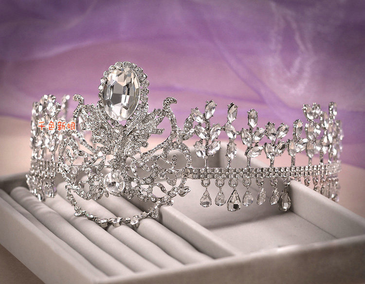 European Wedding Flower Rhinestone Crystal Tassel Water-drop Tiaras Bridal Large Crown Hair Accessories