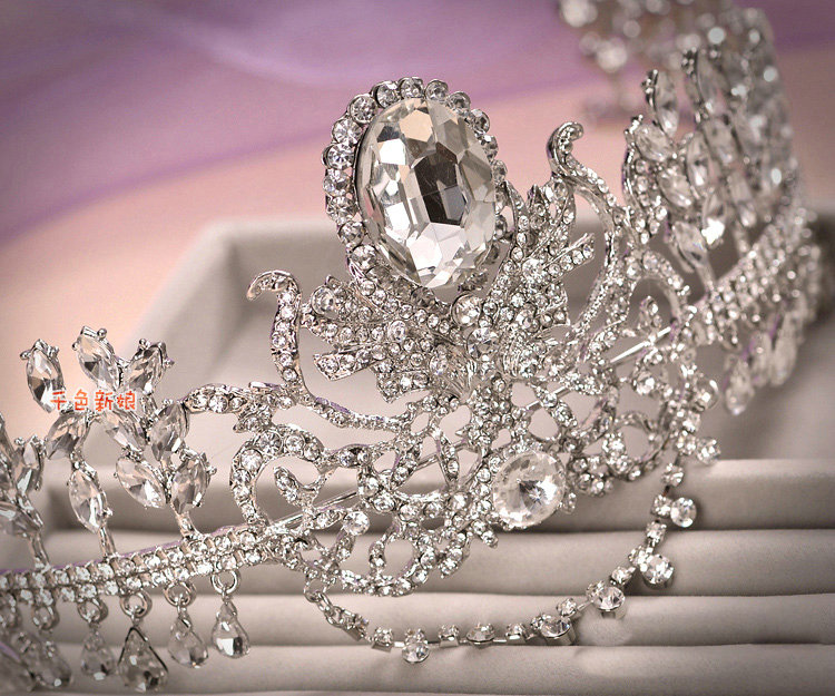 European Wedding Flower Rhinestone Crystal Tassel Water-drop Tiaras Bridal Large Crown Hair Accessories