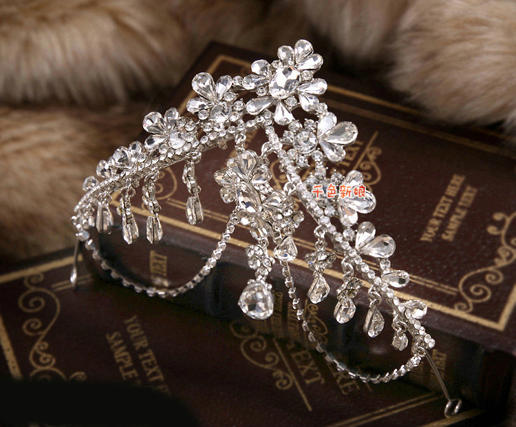 European Wedding Rhinestone Crystal Flower Tassel Water-drop Tiaras Bridal Crown Hair Accessories