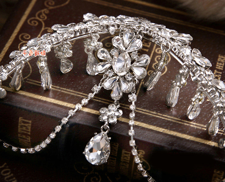 European Wedding Rhinestone Crystal Flower Tassel Water-drop Tiaras Bridal Crown Hair Accessories