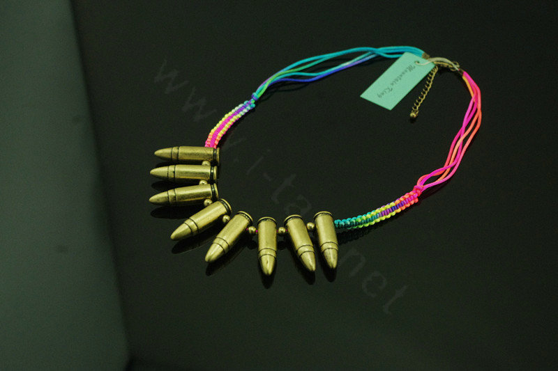 Exaggeration Women Gold Plated Retro Bullet Head Metal Color Weaving Rope Necklace Clavicle Chain
