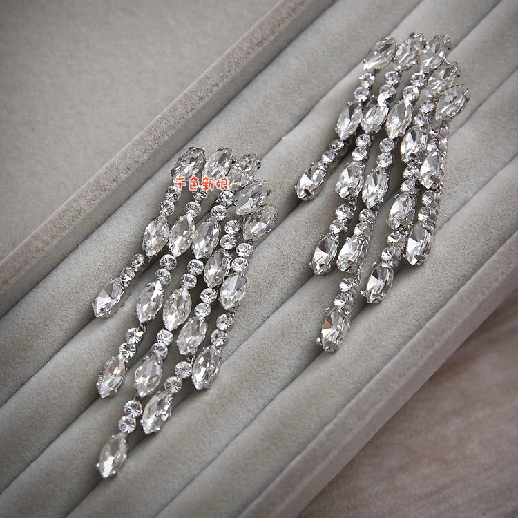 Fashion Banquet Wedding Jewelry Eardrop Rhinestone Crystal Bridal Tassel Earrings Silver Plated