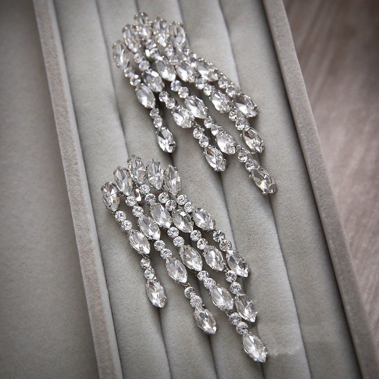 Fashion Banquet Wedding Jewelry Eardrop Rhinestone Crystal Bridal Tassel Earrings Silver Plated