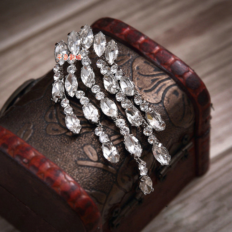 Fashion Banquet Wedding Jewelry Eardrop Rhinestone Crystal Bridal Tassel Earrings Silver Plated