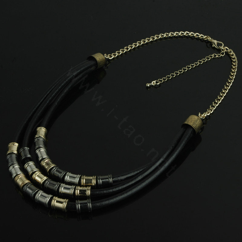 Fashion Personality Women Multi layer Gold-plated Metal Tube Leather Chain Necklace Clavicle Chain