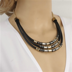 Fashion Personality Women Multi layer Gold-plated Metal Tube Leather Chain Necklace Clavicle Chain