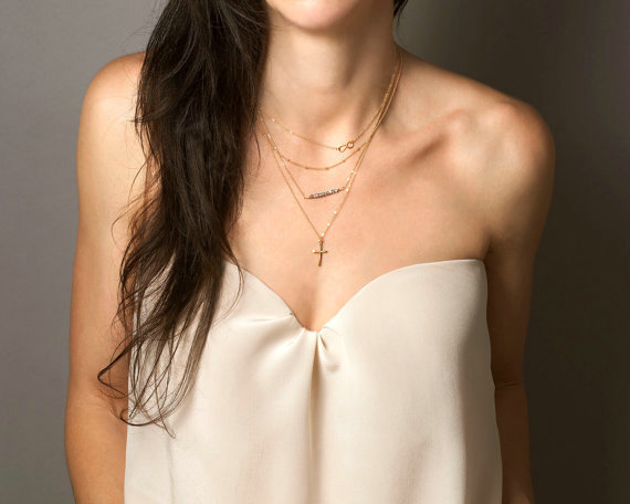 Fashion Personality Women Multi layer Metal Cross Crystal Beads Gold-plated Necklace Clavicle Chain