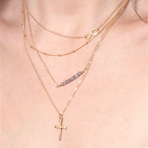 Fashion Personality Women Multi layer Metal Cross Crystal Beads Gold-plated Necklace Clavicle Chain