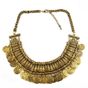 Fashion Retro Short Women Bronze Gold-plated Carved Metal Coins Tassel Bib Necklace Clavicle Chain