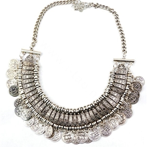 Fashion Retro Short Women Silver Gold-plated Carved Metal Coins Tassel Bib Necklace Clavicle Chain