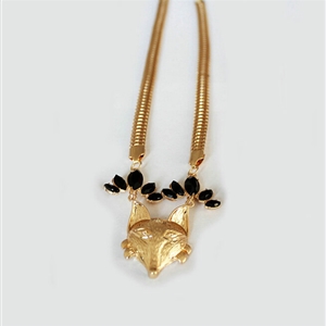 Fashion Retro Women Gold-plated Black Diamond Metal Texture Fox head Short Necklace Clavicle Chain