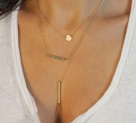 Fashion Retro Women Gold-plated Crystal Beads Metal Bar Sequins Three layer Necklace Clavicle Chain