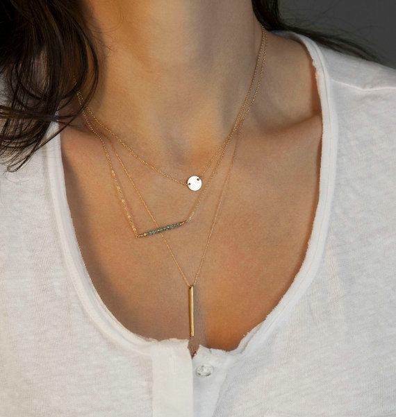 Fashion Retro Women Gold-plated Crystal Beads Metal Bar Sequins Three layer Necklace Clavicle Chain