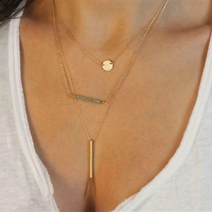 Fashion Retro Women Gold-plated Crystal Beads Metal Bar Sequins Three layer Necklace Clavicle Chain
