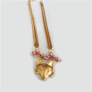 Fashion Retro Women Gold-plated Pink Diamond Metal Texture Fox head Short Necklace Clavicle Chain