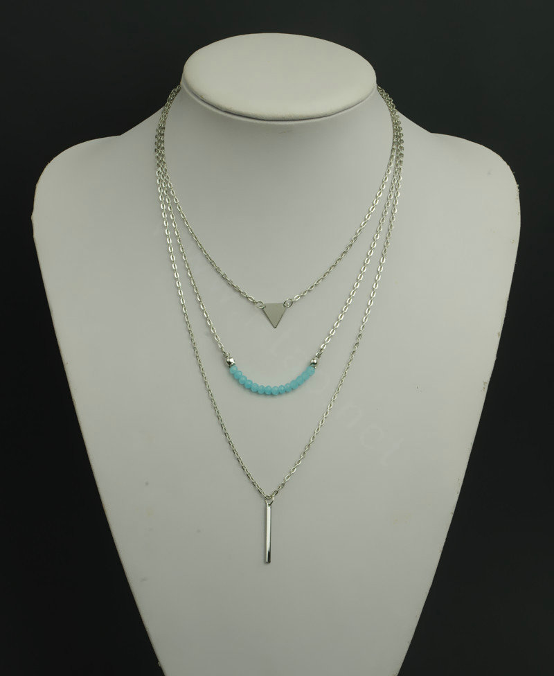 Fashion Retro Women Gold-plated Triangular Metal Bar Turquoise Three layer Necklace Clavicle Chain