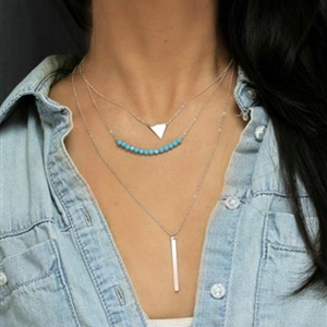 Fashion Retro Women Gold-plated Triangular Metal Bar Turquoise Three layer Necklace Clavicle Chain