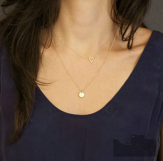Fashion Simple Women Double layer Hollow Triangular Sequins Gold-plated Necklace Clavicle Chain