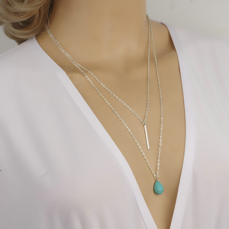 Fashion Women Double layer Gold-plated Water drops Turquoise Metal Strip Necklace Clavicle Chain