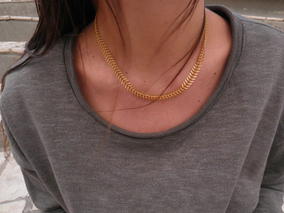 Fashionable Retro Women Golden Gold-plated Metal Whole Fishbone Chain Punk Short Necklace Clavicle