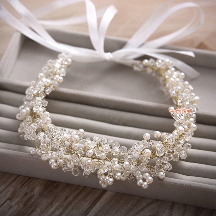 Fashionable Wedding Headdress By hand Pearl Crystal Beads Flower Bridal Headband Hair Accessories