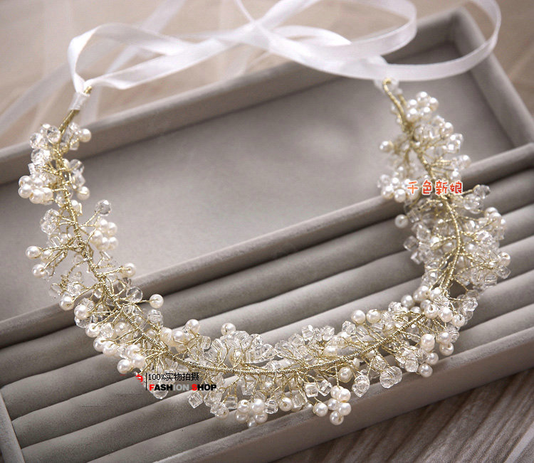 Fashionable Wedding Headdress By hand Pearl Crystal Beads Flower Bridal Headband Hair Accessories