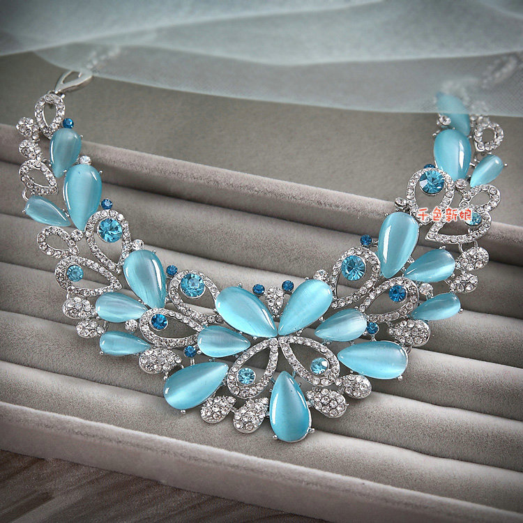 High-end Wedding Blue Peacock Alloy Rhinestone Gem Crystal Bridal Necklace Earrings Sets