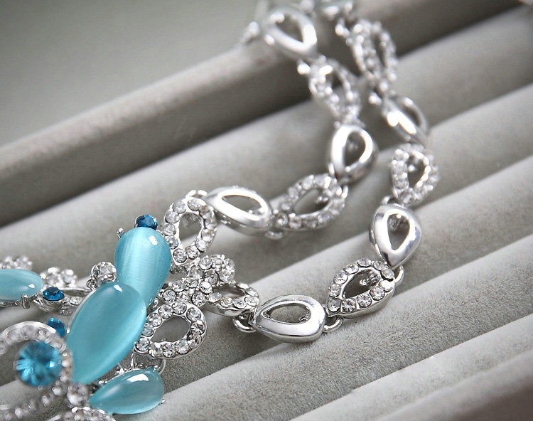 High-end Wedding Blue Peacock Alloy Rhinestone Gem Crystal Bridal Necklace Earrings Sets