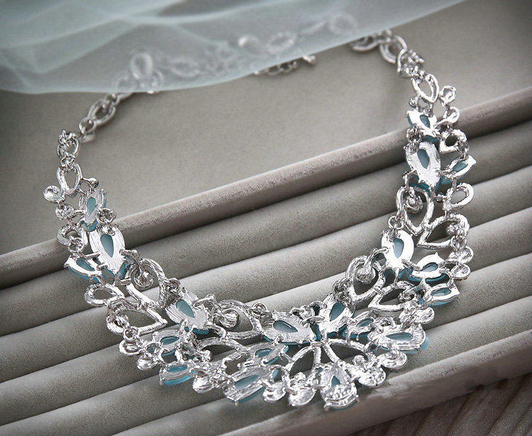 High-end Wedding Blue Peacock Alloy Rhinestone Gem Crystal Bridal Necklace Earrings Sets