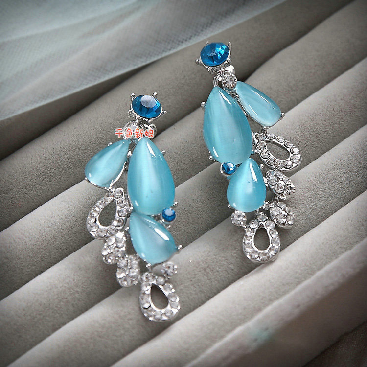 High-end Wedding Blue Peacock Alloy Rhinestone Gem Crystal Bridal Necklace Earrings Sets