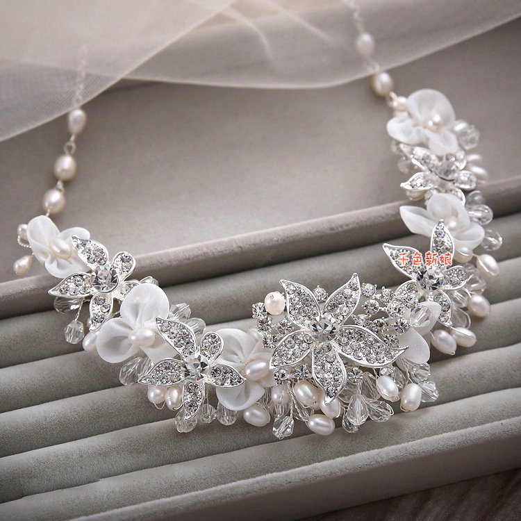 High-end Wedding Lace Flower Crystal Bead Rhinestone Freshwater Pearl Bridal Necklace Earrings Sets