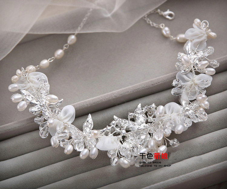 High-end Wedding Lace Flower Crystal Bead Rhinestone Freshwater Pearl Bridal Necklace Earrings Sets