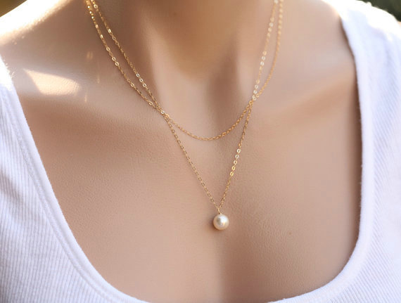 High quality Fashion Women Double layer Metal Pearl Gold-plated Necklace Clavicle Chain
