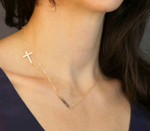 High quality Fashion Women Gold-plated Double layer Metal Cross Crystal Beads Necklace Clavicle Chain