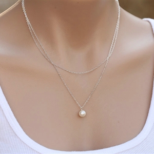 High quality Fashion Women Silver Double layer Metal Pearl Gold-plated Necklace Clavicle Chain
