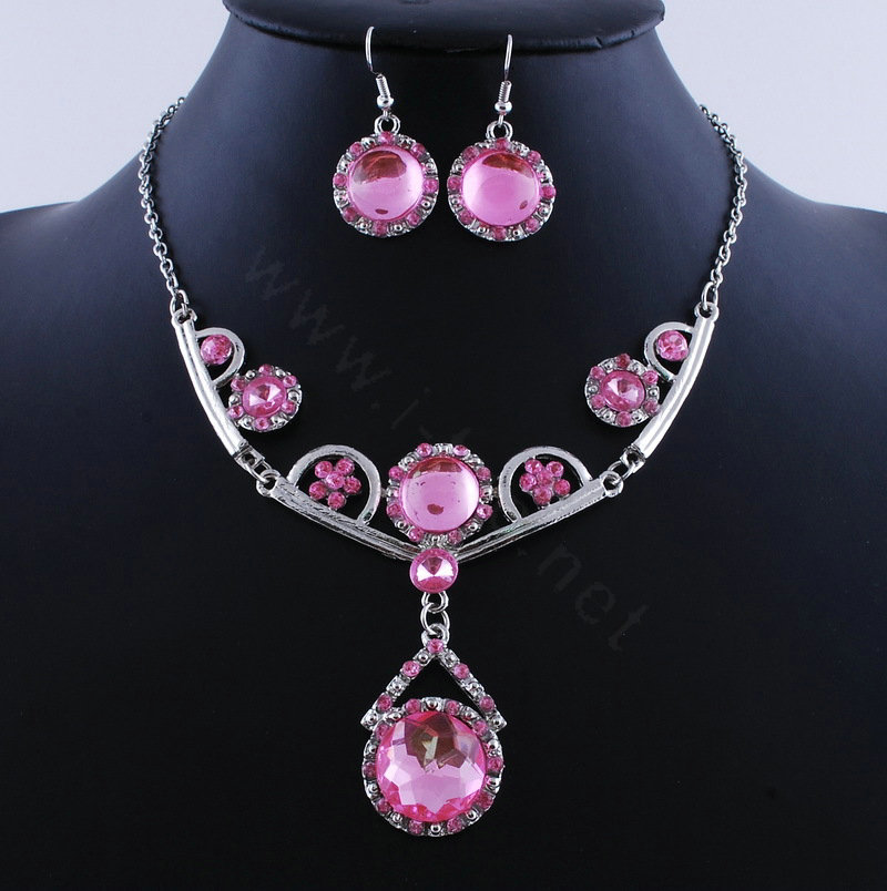 High quality Retro Wedding Bridal Alloy Circular Pink Rhinestone Pendant Necklace Earrings Set Bridesmaid