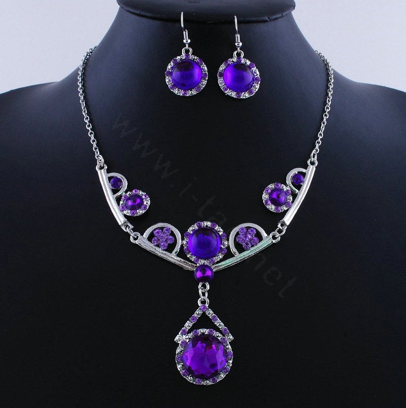 High quality Retro Wedding Bridal Alloy Circular Purple Rhinestone Pendant Necklace Earrings Set Bridesmaid