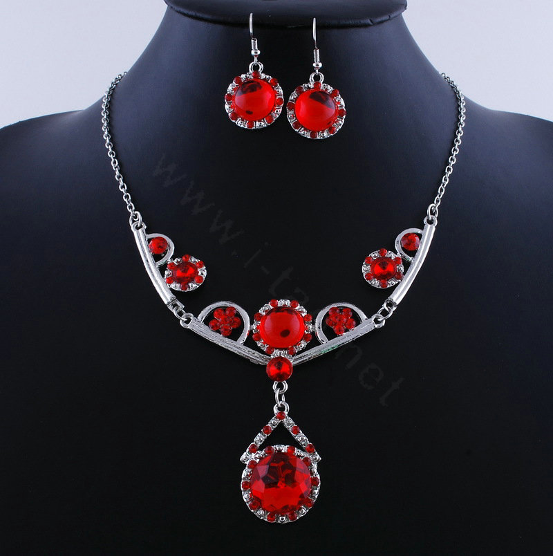 High quality Retro Wedding Bridal Alloy Circular Red Rhinestone Pendant Necklace Earrings Set Bridesmaid