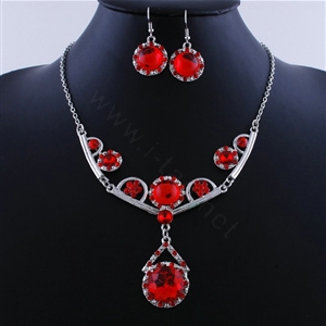 High quality Retro Wedding Bridal Alloy Circular Red Rhinestone Pendant Necklace Earrings Set Bridesmaid