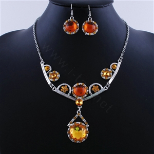 High quality Retro Wedding Bridal Alloy Circular Yellow Rhinestone Pendant Necklace Earrings Set Bridesmaid