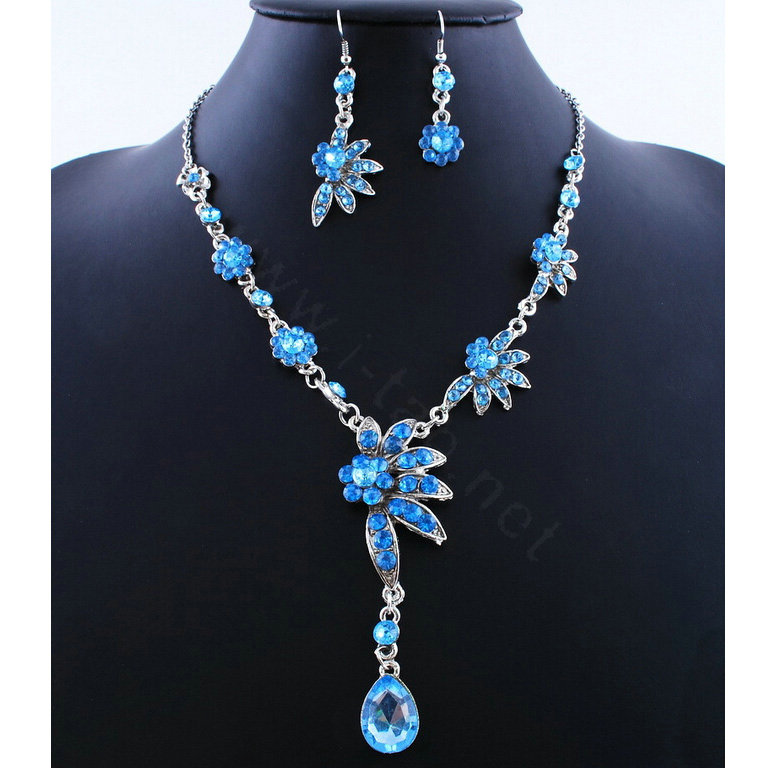 High quality Wedding Bridal Jewelry Alloy Water drops Flower Blue Rhinestone Necklace Earrings Set