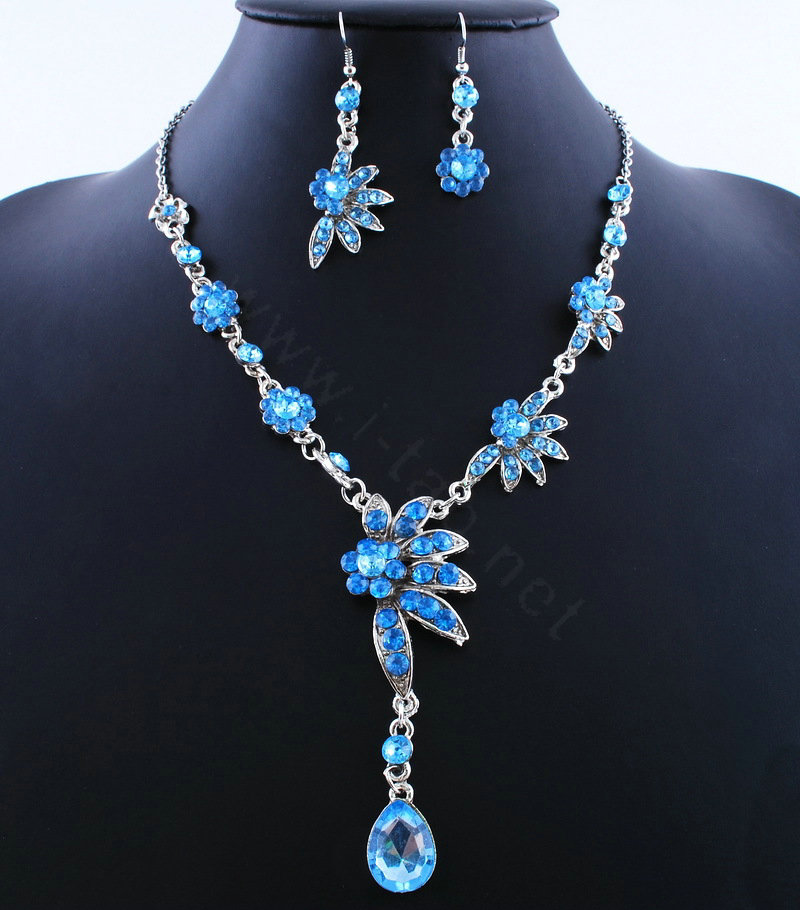 High quality Wedding Bridal Jewelry Alloy Water drops Flower Blue Rhinestone Necklace Earrings Set