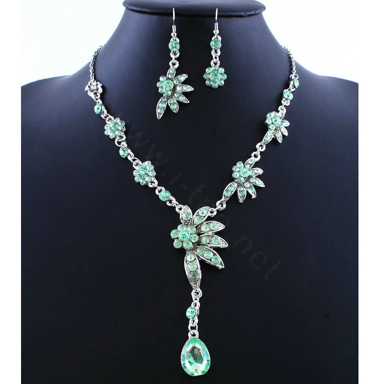 High quality Wedding Bridal Jewelry Alloy Water drops Flower Green Rhinestone Necklace Earrings Set